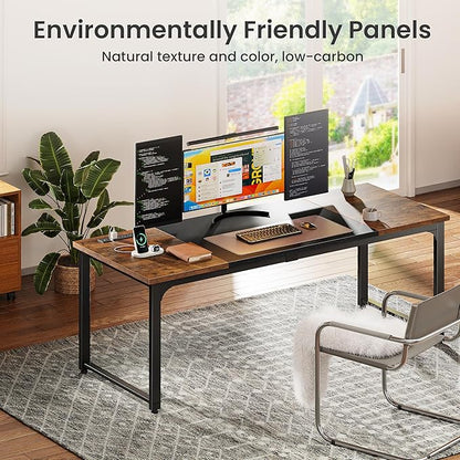 Huuger 63 x 24 inch Desk with Power Outlets & USB-C, Deeper & Thicker Desktop, Robust Metal Tubes, Computer Desk, Heavy Duty Office Desk, Gaming Desk for Home Office, Rutsic Brown and Black