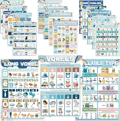 YIYDONG 16 Phonics Posters for Classroom - Learning Posters for Sound Wall Phonics Digraphs Blends Syllable Types Vowel Sounds Poster for Kindergarten, Elementary, Homeschool Supplies (Boho)