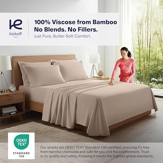 Kickoff Viscose Bamboo Sheets Full Size 4-pc 100% Organic Bamboo Viscose Bed Cooling Sheets Full Size Set Cool Bedding for hot Sleepers Sheet, Flat, Fitted, Pillowcases (Iced Latte, F)