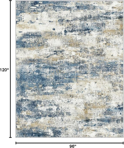 Machine Washable Rug 8x10 Area Rugs for Living Room Bedroom, Large Navy Blue Beige Abstract Area Rug Soft Throw Rugs, Low-Pile Floor Carpet with Non Slip Rubber Backing