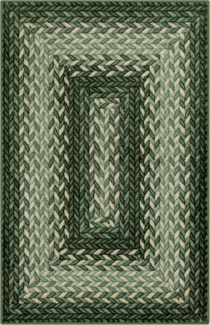 Maples Rugs Marion Bohemian Braided-Style Print Area Rug ??Made in USA ??Washable, Non-Slip Low-Profile Small Indoor Rug for Entryway & Kitchen, 46" x 30", Green