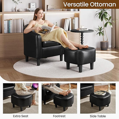Yaheetech Accent Chair with Ottoman Foot Rest, PU Leather Mid Century Modern Upholstered Soft Barrel Chair Comfy Armchair and Footrest Set for Living Room/Bedroom/Reading Room, Set of 2, Black