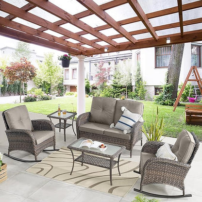 Belord Patio Wicker Furniture with Rocking Chairs Loveseat, 5 Piece Rattan Furniture Outdoor Table and Rocking Chairs Set for Patio Deck Porch Backyard Brwon/Grey