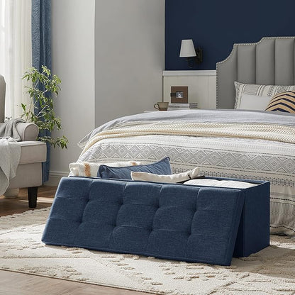 SONGMICS 43 Inches Folding Storage Ottoman Bench, Set of 2, Storage Chest, Foot Rest Stool, Bedroom Bench with Storage, Dark Blue, ULSF432Q01