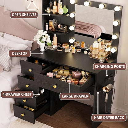 IRONCK Vanity Desk with Mirror and Lights, Small Makeup Vanity Table with 5 Drawers, Power Outlet, and Vanity Stool, 3 Lighting Colors, Dressing Table for Women Girls Bedroom, Black