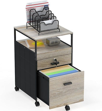 SHW Box File Rolling Mobile Cabinet with Open Shelf and Lockable Drawer, Maple