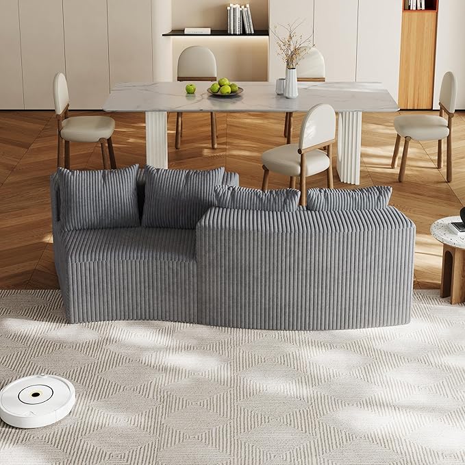 KEIKI Corduroy Curved Sectional Sofa, 2 Seater Symmetrical Modular Semi Circular Couch, Deep Seat Tufted Corner Sofa for Living Room, Lobby, Gray