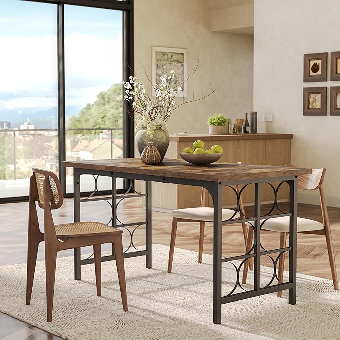 LITTLE TREE Farmhouse Dining Table for 4-6, 54.7-Inch Wooden Rectangle Kitchen Dining Room Table, Industrial Rustic Dinner Desk for Kitchen, Living Room, Home, Brown