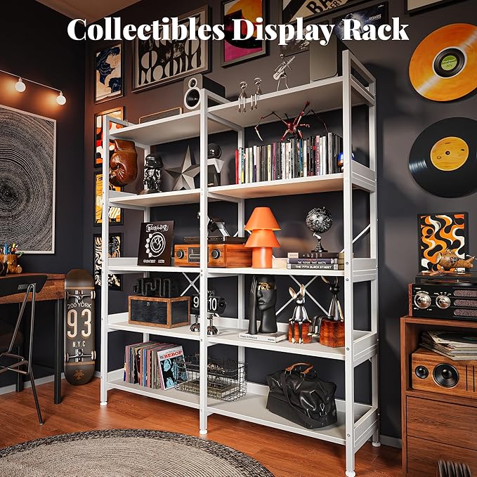 Huuger 5 Tier Bookshelf, Display Bookshelf with 10 Open Shelves and Raised Baffle, 47.2 Inch Straight Wide Bookcase with Metal Frame and Wooden Board, Adjustable Feet, White