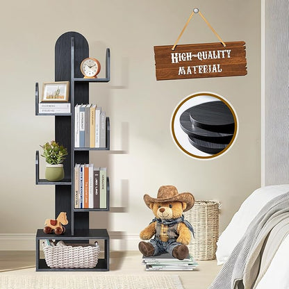 Cactus Tree Bookshelf, 5-Tier Wood 50" Tall Book Corner Storage Rack for CDs/Movies/Books, Small Space-Saving Organizer Shelves for Living Room, Bedroom, Home Office (Black)