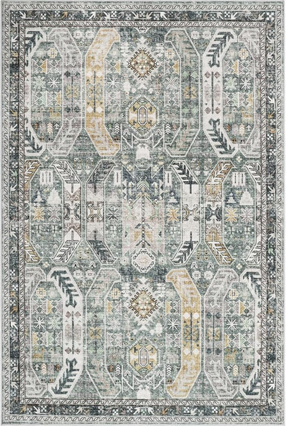 Washable Rug 8x10 Area Rugs for Living Room - Stain Resistant Non-Slip Backing Rugs for Bedroom - Vintage Large Area Rug (Green/Gold, 8'x10')