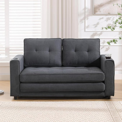 ERYE 3 Fold Tufted Upholstered Futon Sofa Bed Modern Convertible Foldable Floor Loveseat Sofabed with Pull Out Sleeper Couch Daybed W/Cupholders and Pockets for Living Room