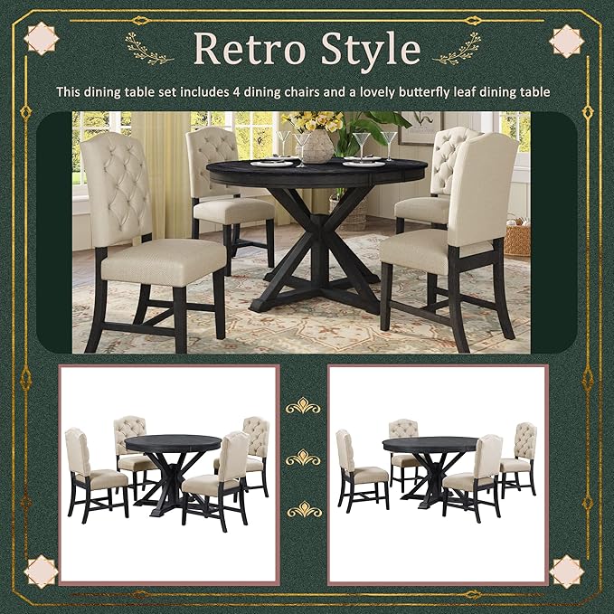 Merax 5-Piece Retro Style Dining Room Set with Extendable Table and 4 Upholstered Chairs, Family Kitchen Functional Furniture, Espresso