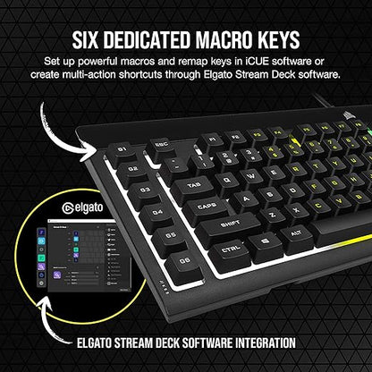 Corsair K55 RGB PRO Membrane Wired Gaming Keyboard – IP42 Dust and Spill-Resistant – 6 Macro Keys with Elgato Integration – iCUE Compatible – QWERTY NA – PC, Mac, Xbox – Black