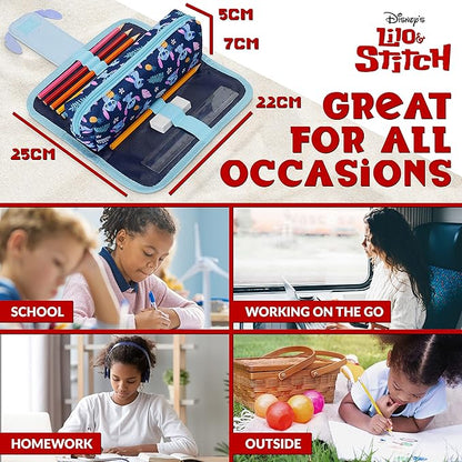 Disney Stitch Pencil Case with Cute Detachable Zipper Pouch including Ball Point Pen Pencil Eraser Ruler and Fun Colored Pencils Stationery Gift for Kids