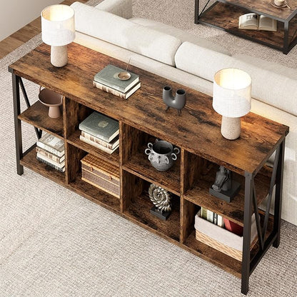 GarveeHome 8 Cube Storage Organizer Bookshelf, 3 Tier Metal Horizontal Bookcase, 62 Inch Console Bookshelf, Industrial Storage Bookcase for Entryway, Long Low Bookshelves for Living Room-Retro Brown