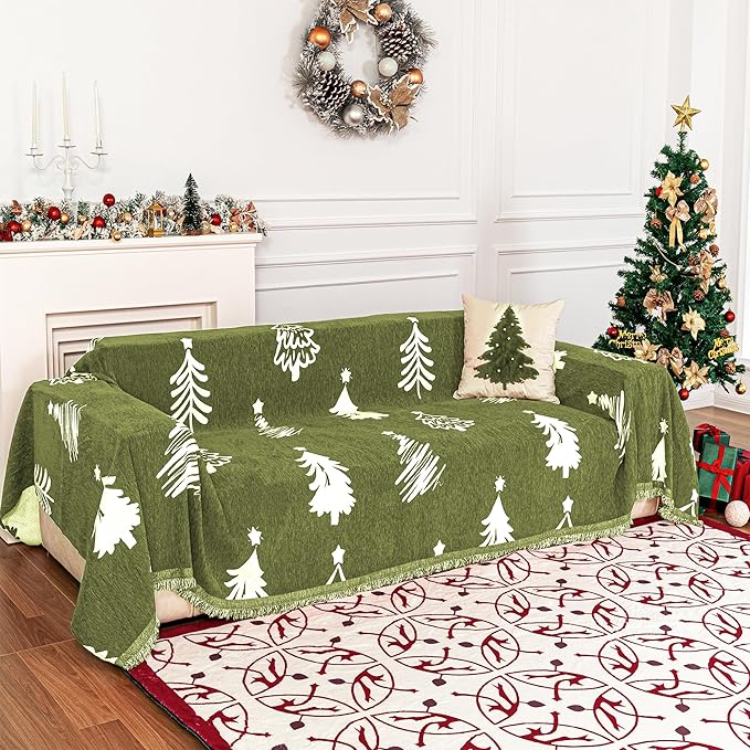 MYSKY HOME 71"X118" Loveseat Christmas Couch Cover, Sectional Sofa Covers Sofa Slipcover for 2 Cushion Couch, L Shape Couch Covers for Dogs, Kids, Washable Sofa Blanket, Furniture Protector, Green