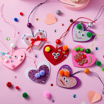 JOYIN Valentines Day 264 Pcs DIY Heart Felt Craft Set, Felt & Glitter Hearts & Wooden Beads & Plastic Eyes & Colorful Paper Ropes for Valentine's Day Kids Craft Party Classroom Ornaments Decorations