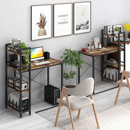 4NM 35" Small Computer Desk with 4-Tier Bookshelf, Home Office Desk Writing Workstation Study Table Multipurpose for Small Space Work - Rustic Brown and Black
