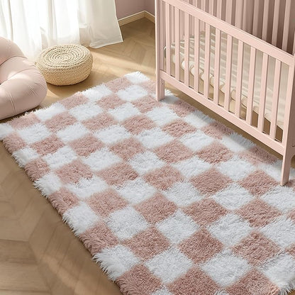 Checkered Rug 4x6 for Living Room, Pink and White Modern Shag Rug Super Soft Washable Fluffy Rugs Indoor Office Fuzzy Carpet for Bedroom Home Dorm Aesthetic Decor