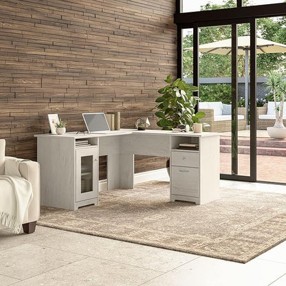 Bush Furniture Cabot 60W L Shaped Computer Desk in Linen White Oak