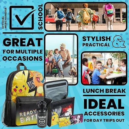 Pokemon Backpack Set 4 Pcs for Kids with Backpack Water Bottle Pencil Case and Insulated Lunch Bag or Wallet Anime School Supplies Gifts for Kids (Black/Yellow 4 Pcs Set)