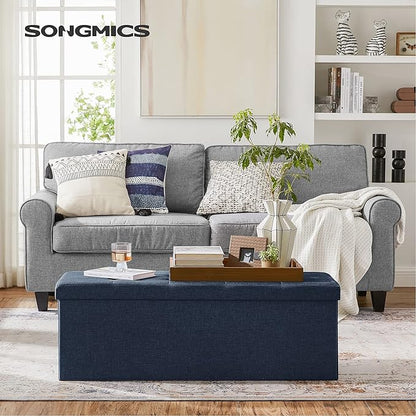 SONGMICS 43 Inches Folding Storage Ottoman Bench, Set of 2, Storage Chest, Foot Rest Stool, Bedroom Bench with Storage, Dark Blue, ULSF432Q01