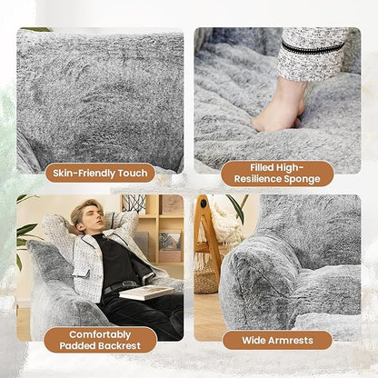 Bean Bag Chair with Ottoman, Armrest Bean Bag Chairs with Filler, Ultra Soft Fluffy Faux Fur Bean Bag Chair with Foot Rest, Plush Lazy Sofa with Foot Stool for Living Room, Dorm