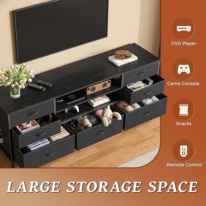 Huuger Dresser for Bedroom With Power Outlets and LED Lights, 7 Drawers TV Stand for 60 Inch TV, Console With Open Shelf, 55 Inches Wide Black, PU Leather
