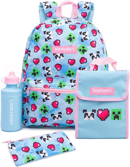 Minecraft Backpack and Lunch Box Set for Girls | Kids 4 Piece Creeper Panda Hearts Blue School Rucksack, Lunch Bag, Pencil Case, Water Bottle One Size