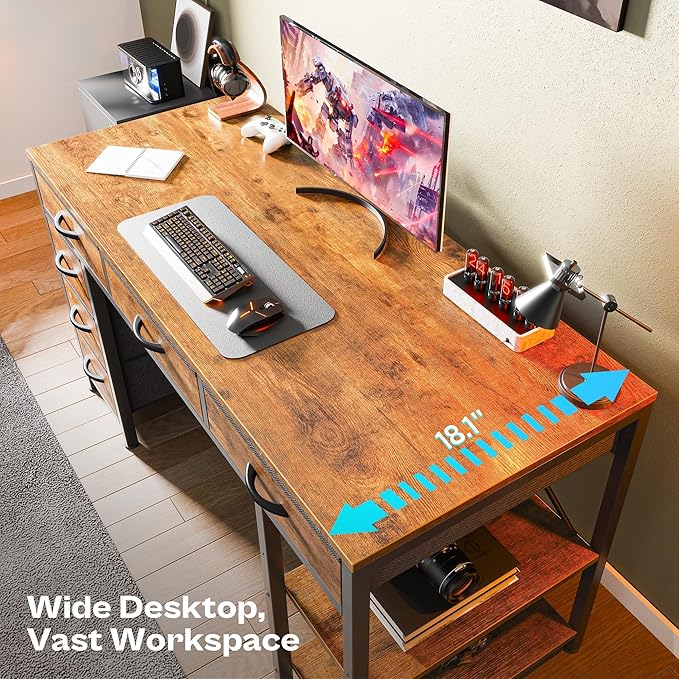 Huuger Computer Desk with 6 Drawers, 54 Inch Office Desk with Shelves, Reversible Gaming Desk, Corner Desk with Storage, Work for Home Office, Study, Living Room, Rustic Brown