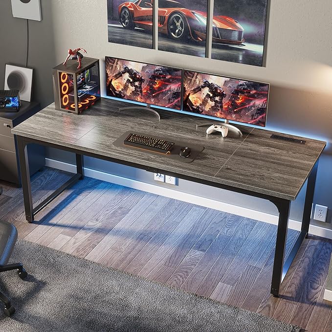 Huuger 63 x 24 inch Desk with Power Outlets & USB-C, Deeper & Thicker Desktop, Robust Metal Tubes, Computer Desk, Heavy Duty Office Desk, Work Gaming Desk, for Home Office, Grey