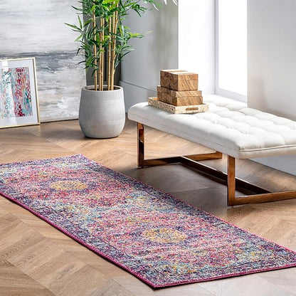 Nuloom Verona Fuchsia/Yellow, 2'8" x 8', Vintage Medallion, Soft and Cozy, High Traffic, Stain Resistant, Easy Clean, Durable Runner for Bedroom, Living Room, Dining Space, Den, Foyer, Entryway