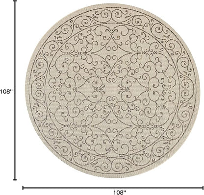 JONATHAN Y Vintage Filigree Indoor Outdoor Round Area Rug 9 Ft Beige/Brown, Charleston Textured Weave for Backyard, Patio, Porch, Easy-Cleaning, High Traffic, Pet-Friendly, Non-Shedding (SMB106A-9R)