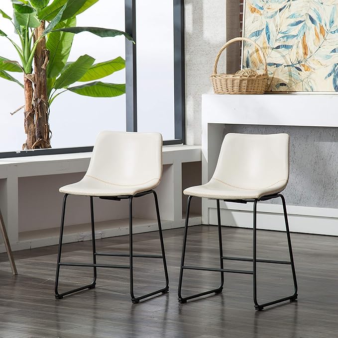 Roundhill Furniture PC185WH Lotusville Vintage PU Leather Counter Height Stools, Set of 2, White
