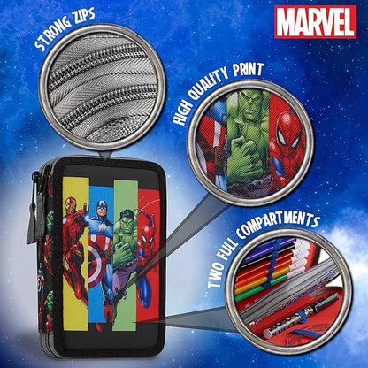 Marvel Boy's Pencil Case, Pencil Case with Compartments Filled School Supplies, Felt, Coloured Pencil, Spiderman Avengers Back to School Gift