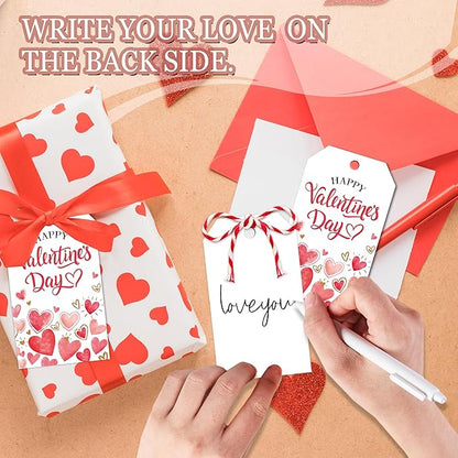 50Pcs Happy Valentines Tags for Bags - Valentine Gift Tags with String, Hanging Paper Gift Label for Wrapping Treat Bag, Idea Valentines Activity Party Favors