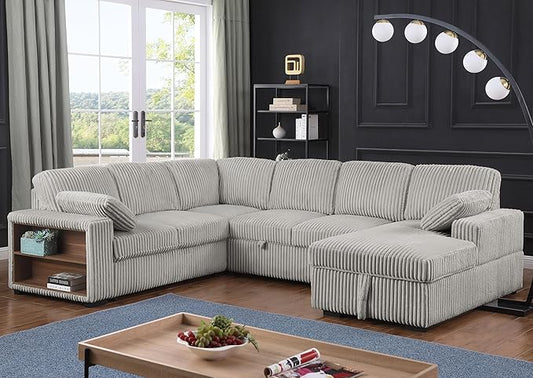 Eafurn Oversized U Shaped Convertible Sleeper Sectional Sofa w/Pull Out Couch Bed, 6 Seater Corduroy Upholstered Corner Lounge Sofa Couch Sleeper Sofabed w/Storage Chaise,Shelves