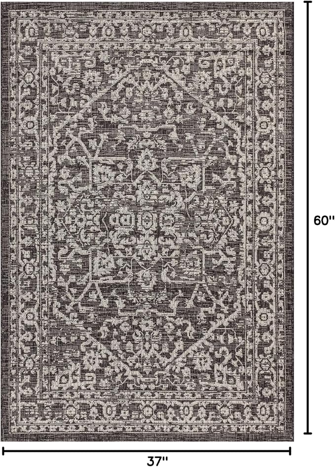 JONATHAN Y Boho Medallion Indoor Outdoor Area Rug 3X5 Black/Gray, Malta Textured Weave for Backyard, Patio, Porch, Easy-Cleaning, High Traffic, Pet-Friendly, Non-Shedding (SMB104C-3)