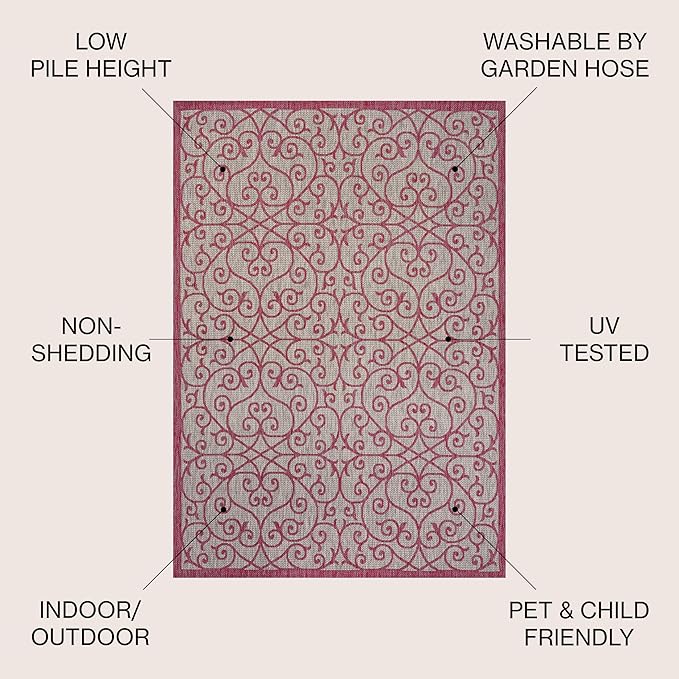 JONATHAN Y Vintage Filigree Indoor Outdoor Area Rug 8X10 Light Gray/Fuchsia, Madrid Textured Weave for Backyard, Patio, Porch, Easy-Cleaning, High Traffic, Pet-Friendly, Non-Shedding (SMB107I-8)