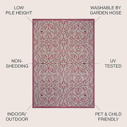 JONATHAN Y Vintage Filigree Indoor Outdoor Area Rug 8X10 Light Gray/Fuchsia, Madrid Textured Weave for Backyard, Patio, Porch, Easy-Cleaning, High Traffic, Pet-Friendly, Non-Shedding (SMB107I-8)