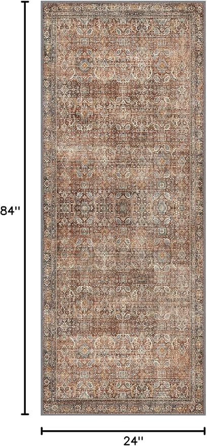 2x7 Runner Rug Machine Washable Boho Rug Runners for Hallway,Ultra-Thin Low Pile Rug,Lightweight Indoor Carpet,Non Slip Floral Runners for Enrtyway, Corridor, Home Office, Kitchen,Terracotta/Indigo