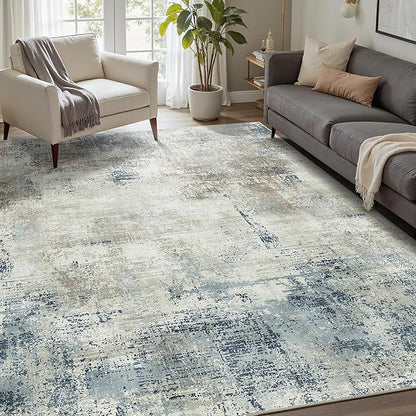 Area Rugs 8x10 Machine Washable Rug for Bedroom Living Room, Large Modern Abstract for Dining Room, Indoor Low Pile Carpet Soft Rugs with Non Slip Rubber Backing, Abstract Blue Gray