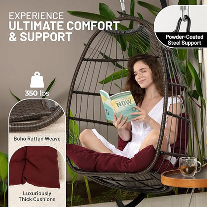SereneLife Egg Chair with Stand – Hanging Rattan Wicker Swing for Indoor Outdoor Use – 350 lbs Capacity, Breathable Cushion & Headrest – Patio, Balcony, Porch, Bedroom Lounge Furniture