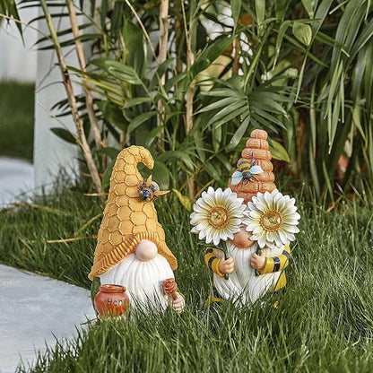 LA Jolie Muse 11.7'' Solar Gnomes Garden Statues-Resin Bee Gnomes Figurine Sunflower Decor with Solar LED Lights for Outdoor Gnomes Decorations for Yard Patio Lawn Porch, Garden Gifts for Mom