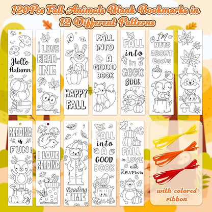 Fall Animal Color Your Own Bookmarks for Kids -120Pcs Fall DIY Coloring Blank Bookmark with Squirrel Hedgehog Classroom Art Craft Supplies for Students Halloween Thanksgiving Reward Goodie Fillers