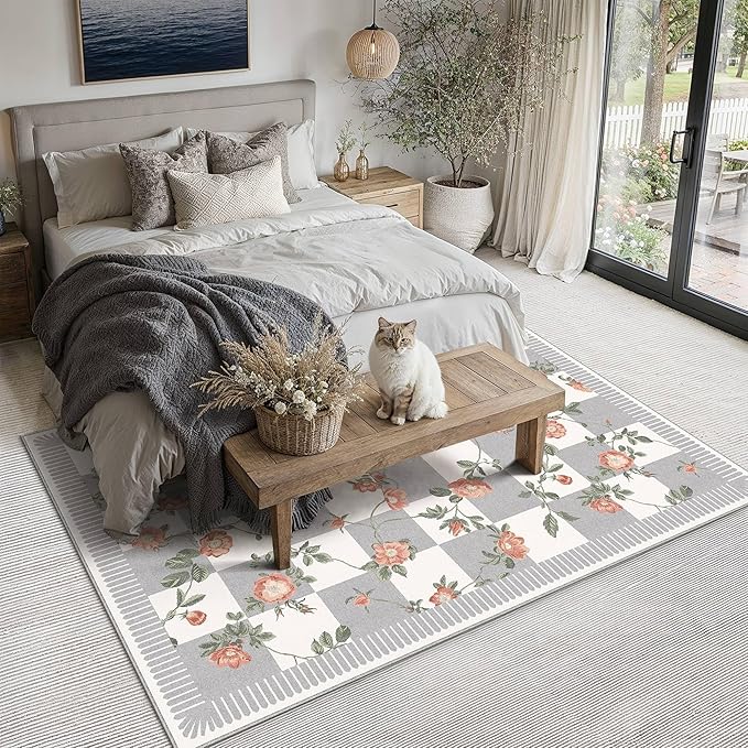 HUGEAR 5x7 Checkered Area Rugs Machine Washable Grey Living Room Rug Floral Print Non-Slip Stain Resistant Low Pile Indoor Throw Carpet for Bedroom Home Unique Aesthetic Modern Decor