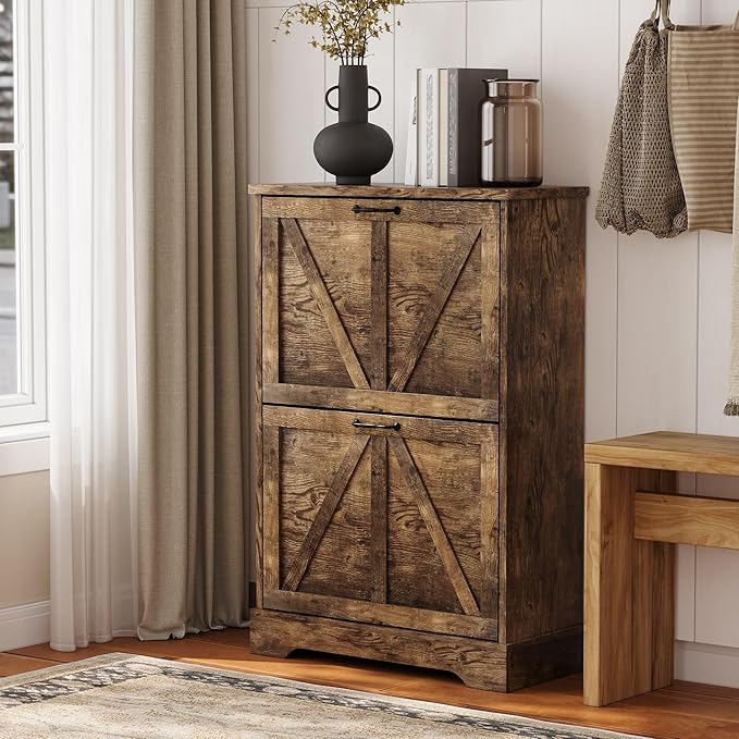 Semiocthome Farmhouse Shoe Storage Cabinet with 2 Flip Drawers, 23.6"(W) Freestanding Shoe Organizer with Barn Door and Metal Handles for Entryway, Corner Narrow Shoe Rack Cabinet - Rustic Brown