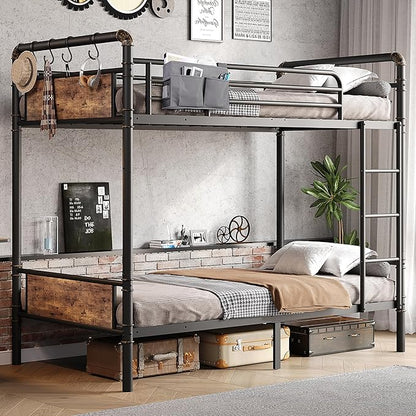 Metal Bunk Bed Twin Over Twin, Industrial Bunkbeds Heavy Duty Bed with Safety Guard Rails and Space-Saving Design, Steel Bed for School, Bedroom (Vintage Brown)