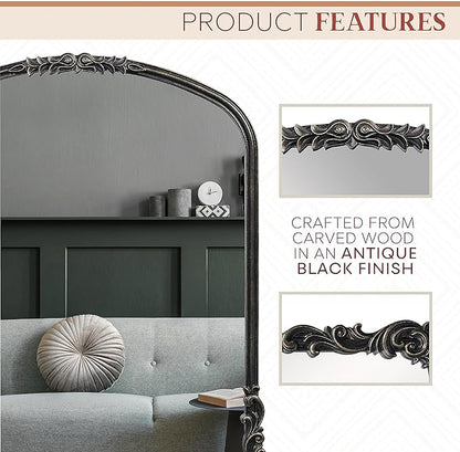 English Estate Carved Arch Wood Wall Mirror, Mirror for Entryway, Living Room, Bathroom, Antique Black, 28.4x35